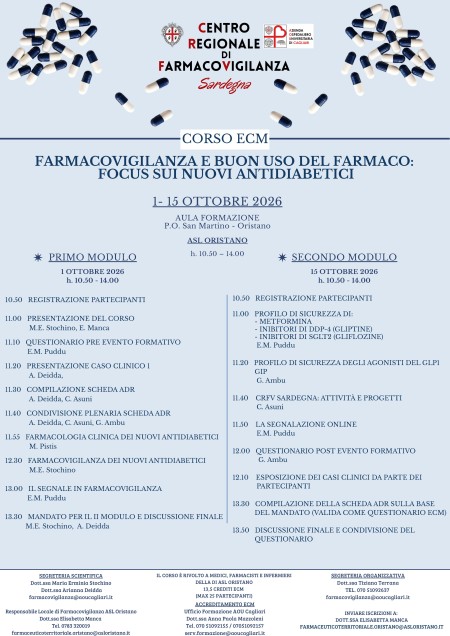 FARMACOVIGILANZA E BUON USO DEL FARMACO: FOCUS SUI NUOVI ANTIDIABETICI 1 e 15 ottobre 2026